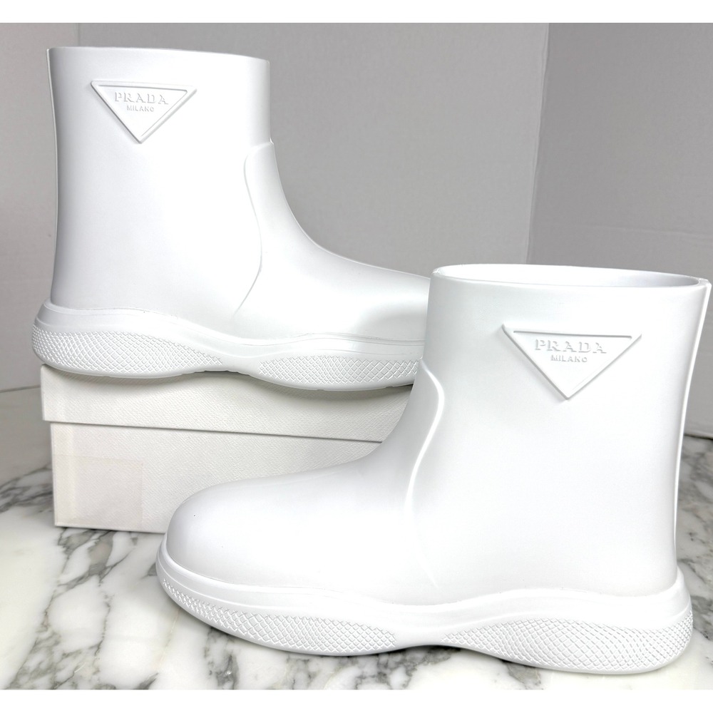Prada Women Monolith White Rubber Rain Boots Ankle Lug Sole Logo 1T702M Size 40